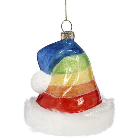 Blown glass Santa hat ornament, the hat is rainbow striped, and has white fur trim.