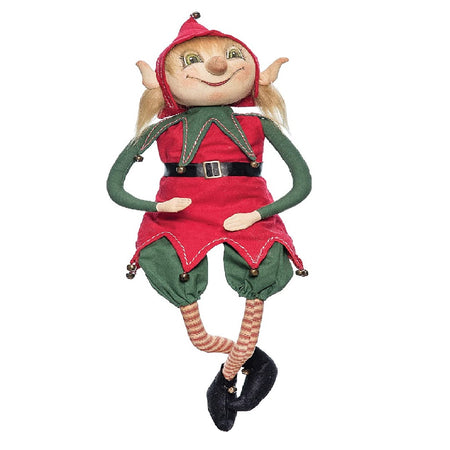 Girl elf with green long sleeve top and shorts, red striped stockings, red jumper and elf hat.