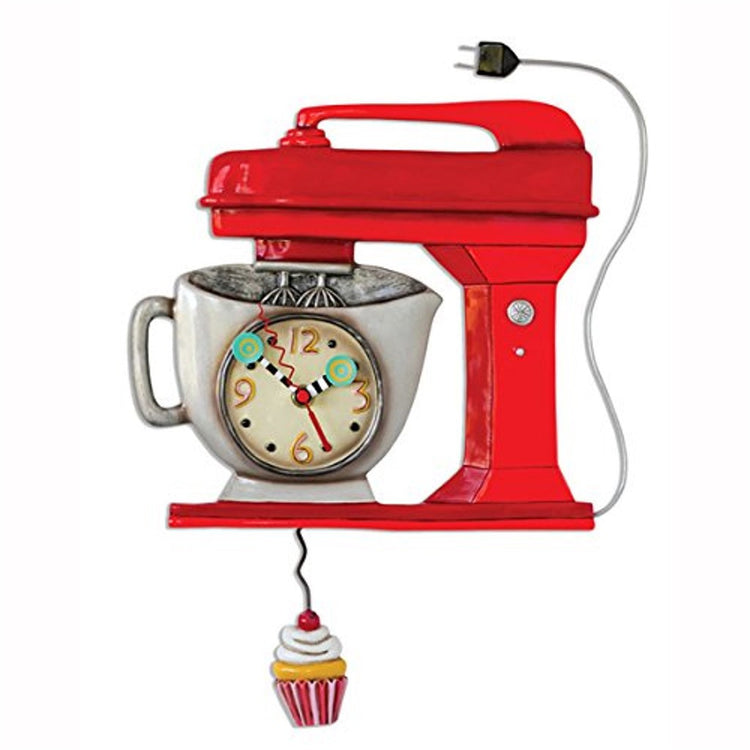 Red mixer shaped wall clock with cupcake pendulum.