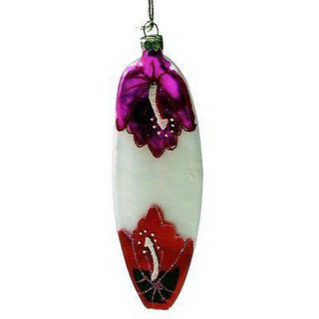 Glass surfboard upright with purple color plating on top third, white in the middle & red plating on bottom. hanger is on top