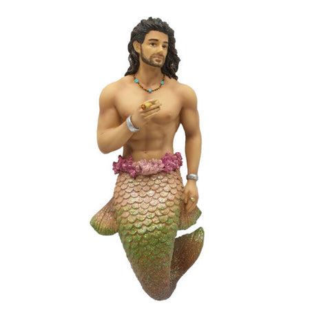 Resin merman ornament, with long dark brown hair, a rose and gold tail with pink coral around his waist.