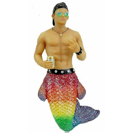 Mermaid figurine ornament.  Rainbow tail, backwards ballcap holding a can.