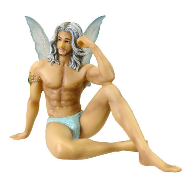 Male fairy ornament sitting down, wearing light blue speedo style bottoms.