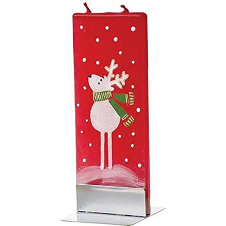 Flat shaped white candle with metal stand, 2 wicks and red background with snow and white reindeer.