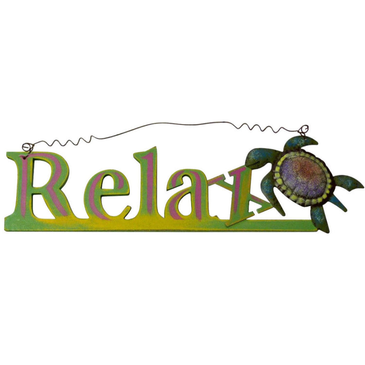 Green wood relax sign with a darker green turtle on the X.