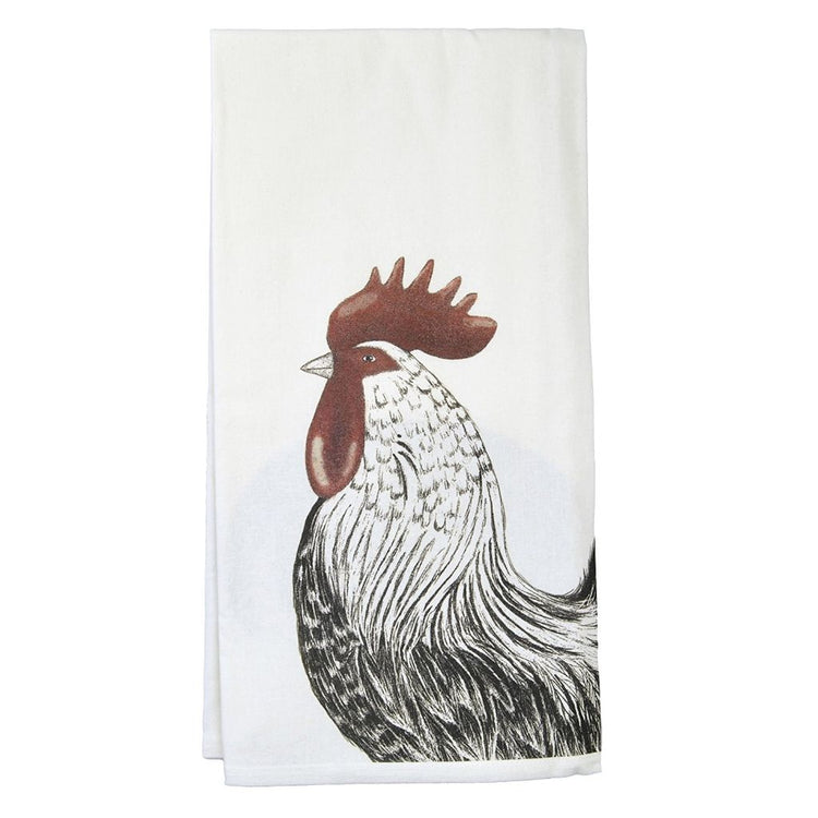 White kitchen towel with rooster with black & white feathers and red crowning & beak.