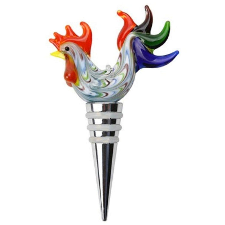 Glass Rooster on silver bottle stopper. Rooster has yellow beak, red crest & blue, green 7 red tail feathers.