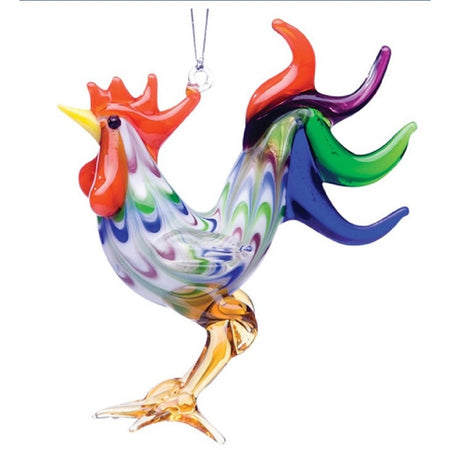Rooster figurine ornament, bright colors of orange, purple, blue and green.