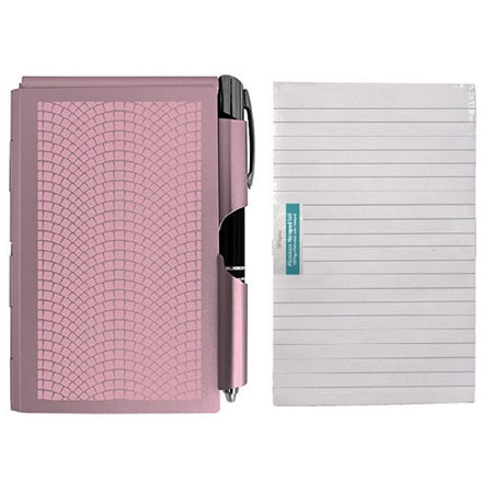 Rectangle shaped notepad with attached pen & package of line paper.  Pink pattern front.