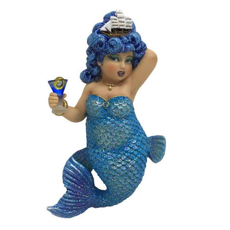 Mermaid figurine ornament.  Dressed in blue holding a cocktail with a pirate ship in her hair.