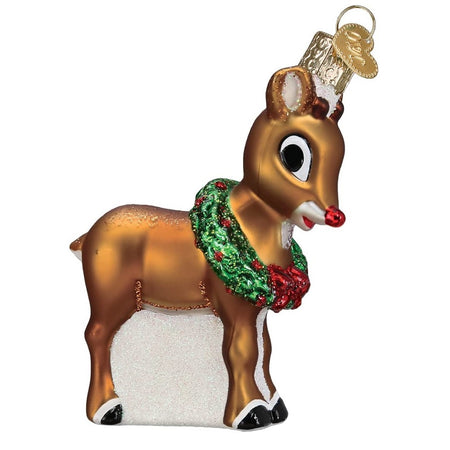 Blown glass Rudolph the red nosed reindeer ornament.