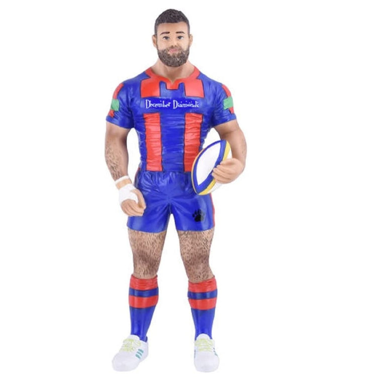 resin "bear" man dressed in red and blue rugby uniform, holding a rugby ball.