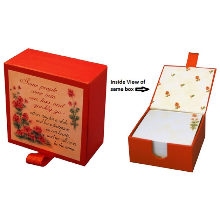 Red flowers Lori Voskuil-Dutter box with a saying on it & white paper inside.