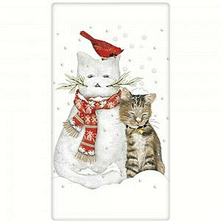 White flour sack kitchen towel with cat shaped showman, cat and red cardinal in snow.