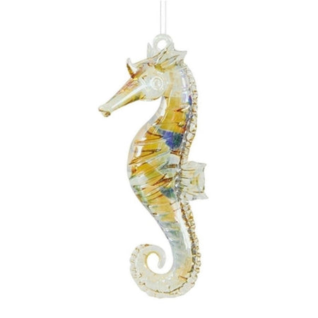 Clear glass upright seahorse with hanger on top. Gold & blue colors can be seen throughout.