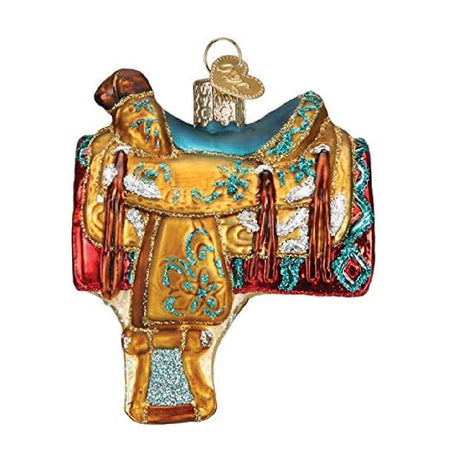 Blown glass western style saddle ornament, hand painted with silver, gold and teal glitter accents.