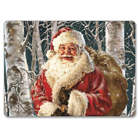 Dark green hardboard placemat showing Santa in his red suit carrying a brown sack through the woods.
