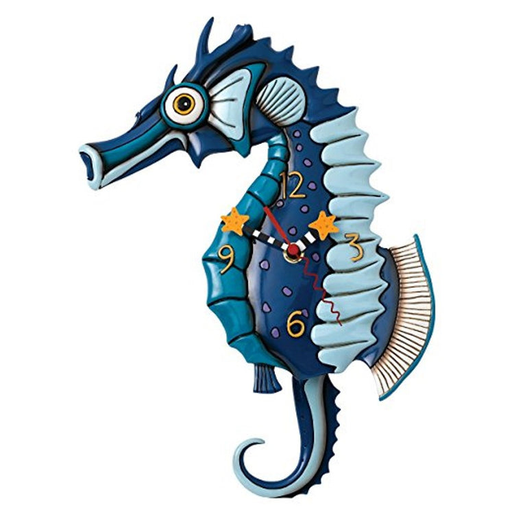 Shades of blue seahorse clock. Clock hands have stars on end.