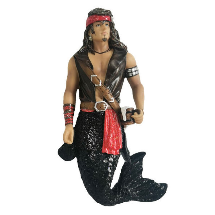Merman with black tail and long dark brown hair dressed as a pirate with a mug of beer in his hand.