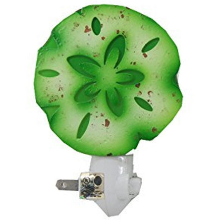 Green sand dollar on white base with plug facing left and switch on right.