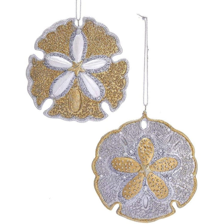 2 sand dollar ornaments. One gold with silver trim, one silver with gold trim.