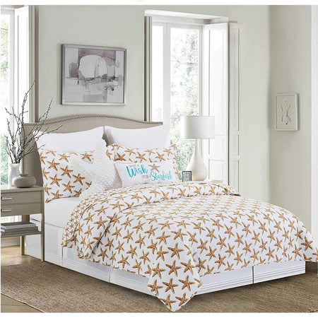 photo shows bedroom set but the listing is for 1 quilt which is white background with tan starfish print all over. Sham matches.