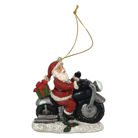 ornament with gold string hanger. Santa sitting on motorcycle with wrapped gift on the back.