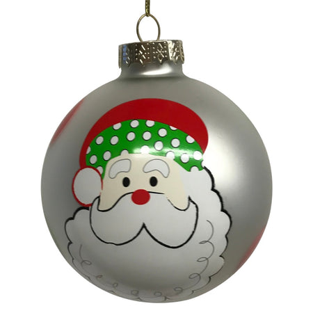 Iridescent round Christmas ornament with Santa face design.