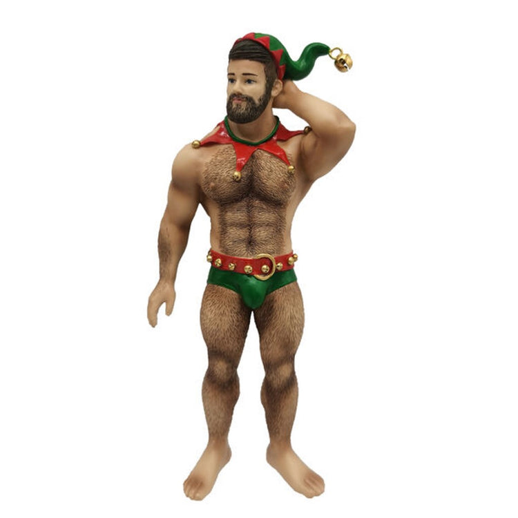 Resin poke the bear ornament. He's wearing a red and green elf cap with a jingle bell. a red elf collar with bells, and green boxer briefs with a red belt with bells.
