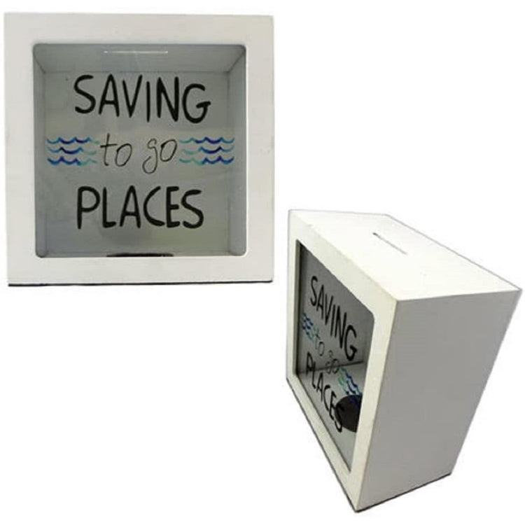 White wooden box, clear glass front that reads saving to go places in black.