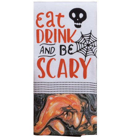 white towel with orange text saying "eat drink and be scary" along with black skull and spider web. There is also an orange and black oil spill design on the lower part of the towel.