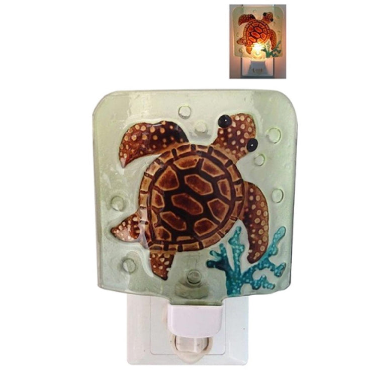square shaped glass night light cover w/brown turtle & blue coral, on/off switch under cover. small image with light on.