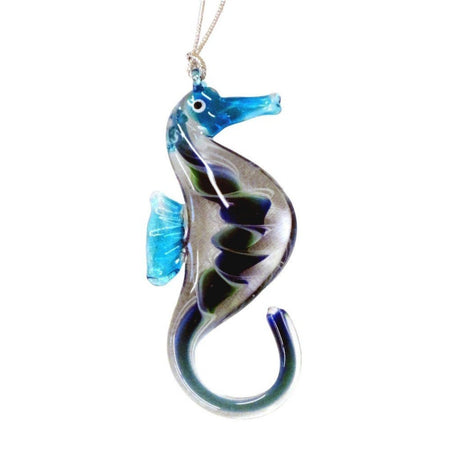 Upright glass seahorse with tail curled up. Blue head, tail & fin. Body is green & blue swirl.