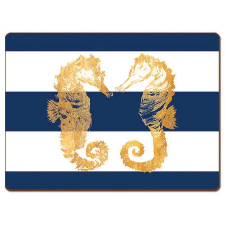 Blue and white horizontal striped placemat with two yellow seahorses facing each other.