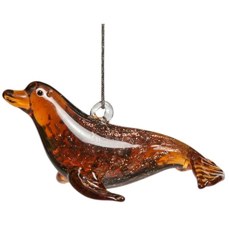 blown glass brown glittery sea lion ornament.