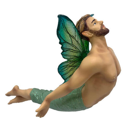 Resin male fairy in a flying position, with blue/green wings, and light green pants.