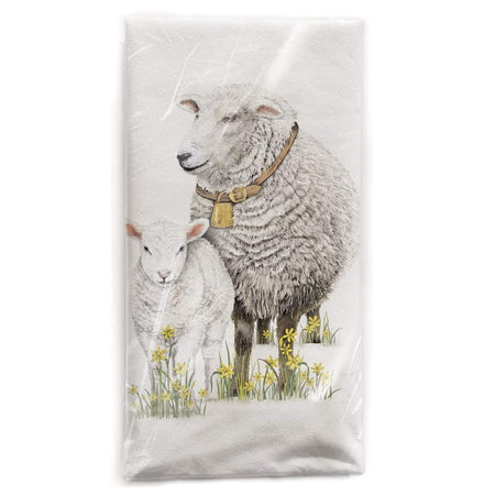 White flour sack towel with mom and baby sheep standing with daffodils.