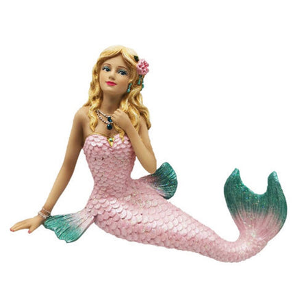 Resin mermaid ornament, the mermaid is blonde with light pink scales and aqua fins.