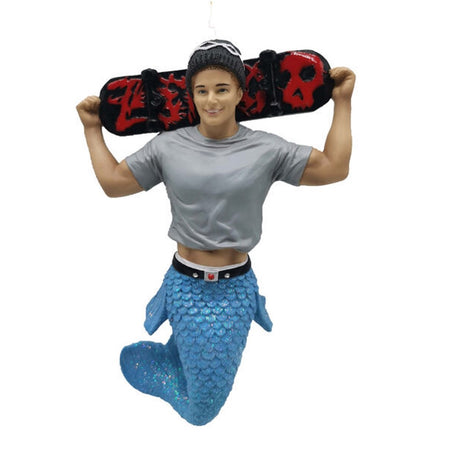 Resin merman ornament with blue tail, wearing a grey t shirt and beanie, and holding a black and red skate board behind his head.