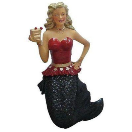 Mermaid shaped figurine hanging ornament.  Wearing black tail, red top with belt with card suits on them holding a slot machine.