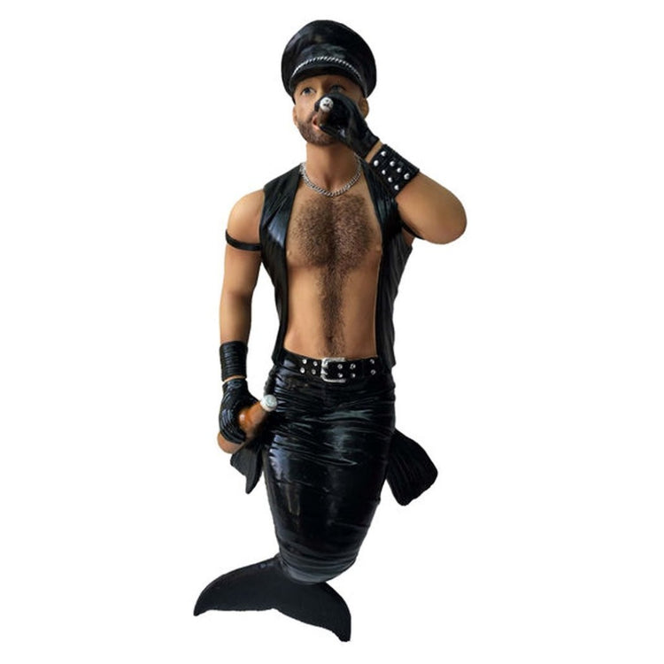 Mermaid figurine ornament.  Smoking a cigar he is dressed in black leather and hat.