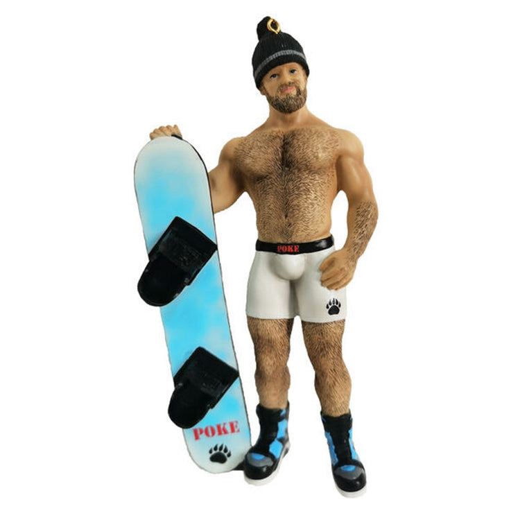 Man in black beanie, white boxer brief style shorts, snow boots and holding a snowboard