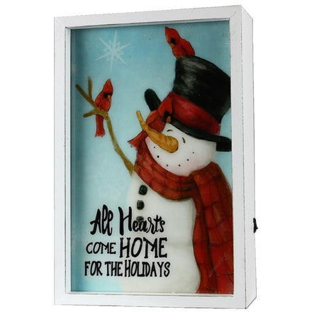 Rectangle box decor with snowman and cardinals.