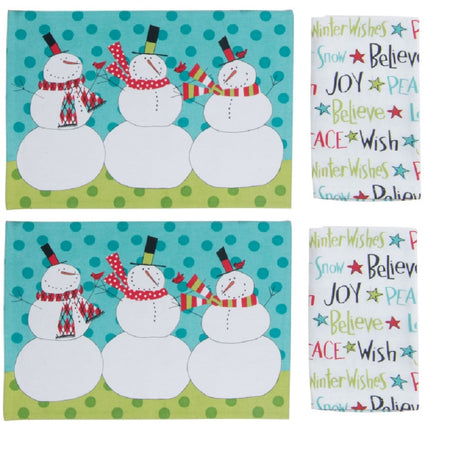 2 placemats in blue and green showing 3 festive snowman and 2 matching napkins "Winter Wishes Believer Wish Joy Peace".