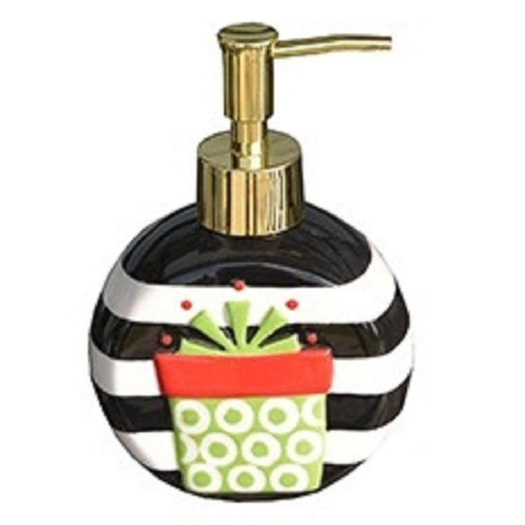 Black ball ornament shaped soap dispenser with white stripes and wrapped gift on front. Top & pump are gold colored.