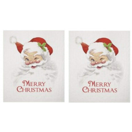 2 cream color sponge cloths showing a classic Santa face and the words Merry Christmas in red.