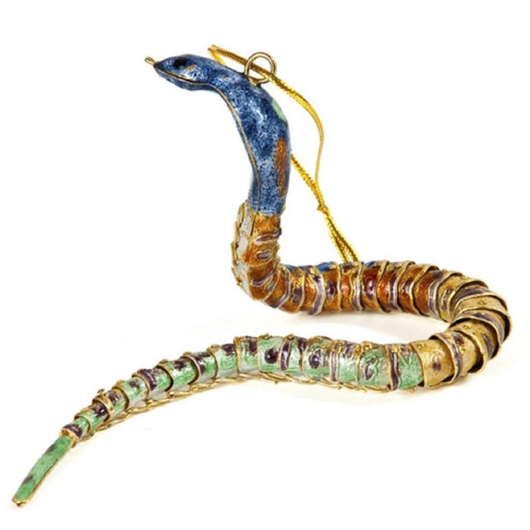 Articulated snake shaped Christmas ornament in shades of green, Tans and Blue with gold metal accent.