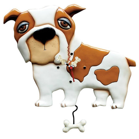 White and brown bulldog design clock. The hands are shaped like bones and so is the pendulum.