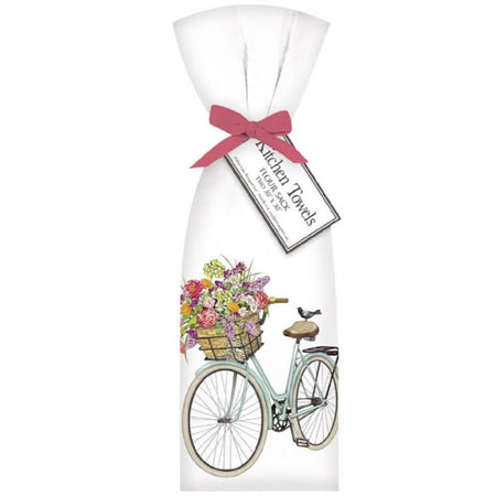 2 white towels tied with pink ribbon. Towel shows a light blue bike with basket of pink, purple & orange spring flowers.