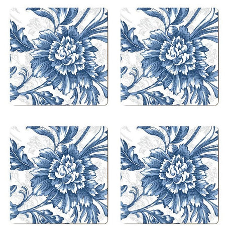 4 square coasters showing a dark blue floral design on a white background.